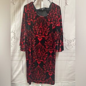 Studio One Black Red & Black Damask Pattern Velour Bell Sleeve Size 24W Dress